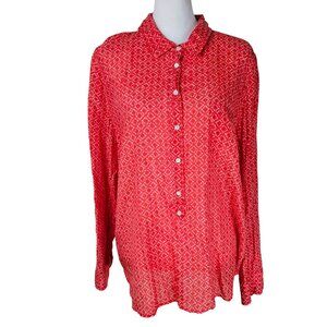 J.Crew Cotton/Silk Button-Up Popover Shirt XL Red Diamond Pattern Pocket Relaxed